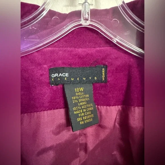 Grace Elements Magenta Pink Velvet Blazer Plus Women’s Size 18W - Picture 2 of 4